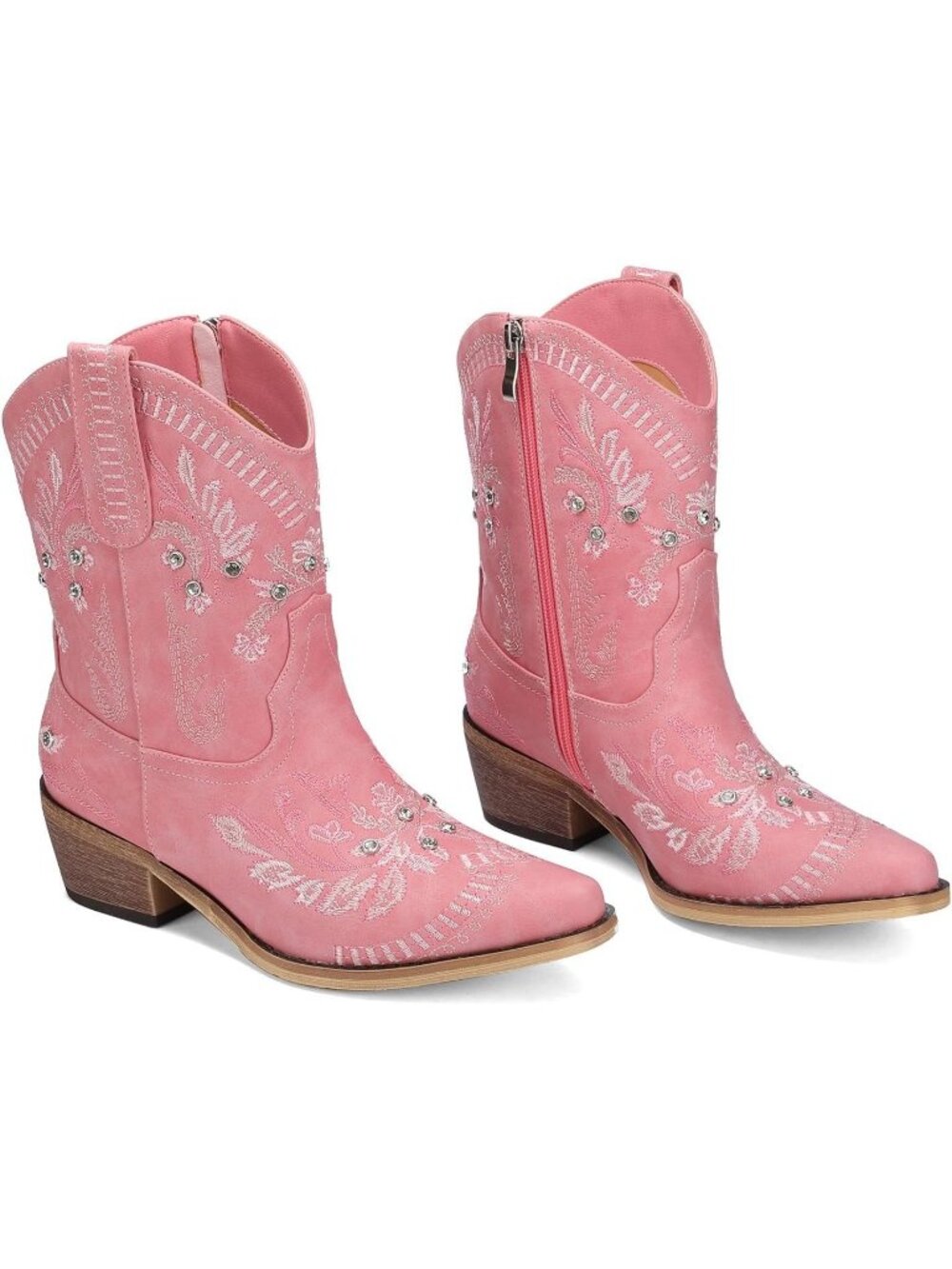 Women's Pink Embroidered Cowgirl Chunky Heel Side Zipper Western Booties - Picture 5 of 7
